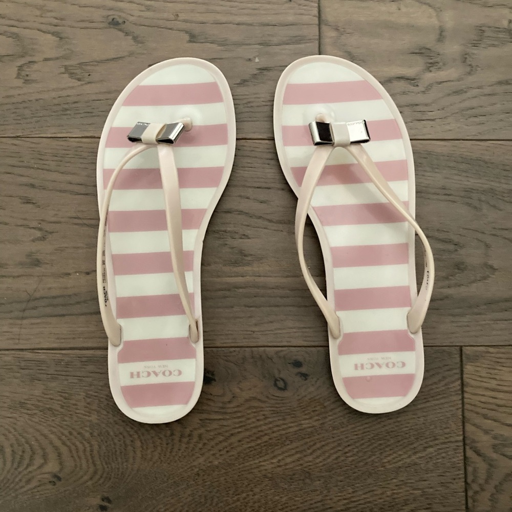 Coach Limited Edition Lilac Pink White Striped Logo Jelly Flip Flops Sandals